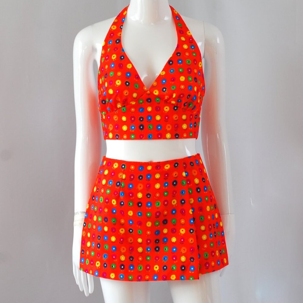 Lola 1970's Bright Summer Two Piece Playsuit Halter Top & Skort - USA